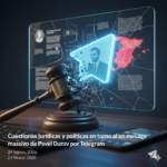 Ilustración conceptual de un mazo judicial rompiendo una interfaz digital de Telegram con la imagen de Pavel Durov y el mapa de España, representando el debate jurídico sobre el uso masivo de datos personales y poder de plataforma.