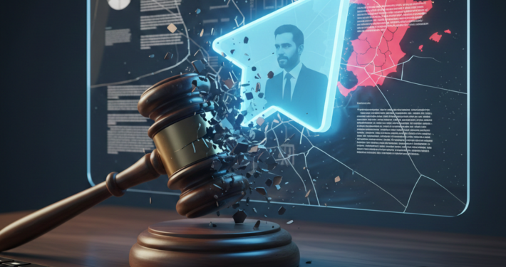 Ilustración conceptual de un mazo judicial rompiendo una interfaz digital de Telegram con la imagen de Pavel Durov y el mapa de España, representando el debate jurídico sobre el uso masivo de datos personales y poder de plataforma.