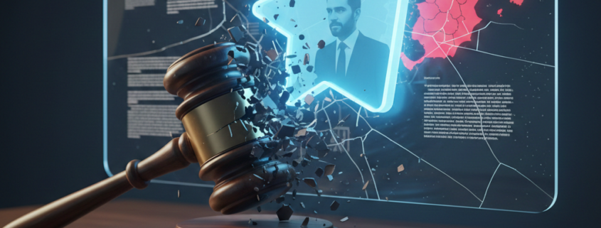 Ilustración conceptual de un mazo judicial rompiendo una interfaz digital de Telegram con la imagen de Pavel Durov y el mapa de España, representando el debate jurídico sobre el uso masivo de datos personales y poder de plataforma.