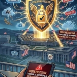 Ilustración sobre soberanía tecnológica y conflicto entre inteligencia artificial y seguridad nacional en Estados Unidos, con referencias visuales a Anthropic AI, órdenes ejecutivas federales, cancelaciones de servicios y control gubernamental de sistemas de IA.