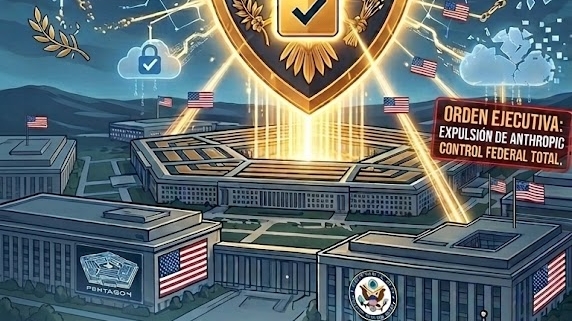 Ilustración sobre soberanía tecnológica y conflicto entre inteligencia artificial y seguridad nacional en Estados Unidos, con referencias visuales a Anthropic AI, órdenes ejecutivas federales, cancelaciones de servicios y control gubernamental de sistemas de IA.