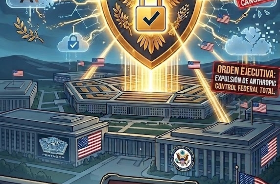 Ilustración sobre soberanía tecnológica y conflicto entre inteligencia artificial y seguridad nacional en Estados Unidos, con referencias visuales a Anthropic AI, órdenes ejecutivas federales, cancelaciones de servicios y control gubernamental de sistemas de IA.
