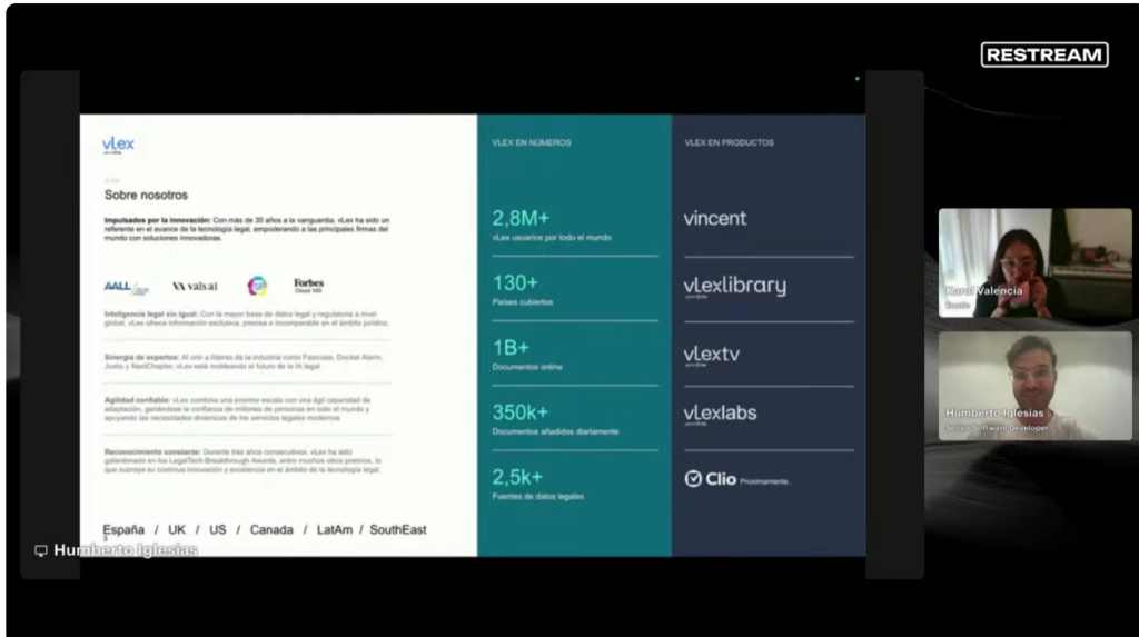 Captura del taller ENATIC sobre IA agéntica con Vincent (vLex) en la que Humberto Iglesias presenta las capacidades de la plataforma vLex, incluyendo Vincent, bases de datos jurídicas e inteligencia artificial aplicada a la investigación y análisis legal.