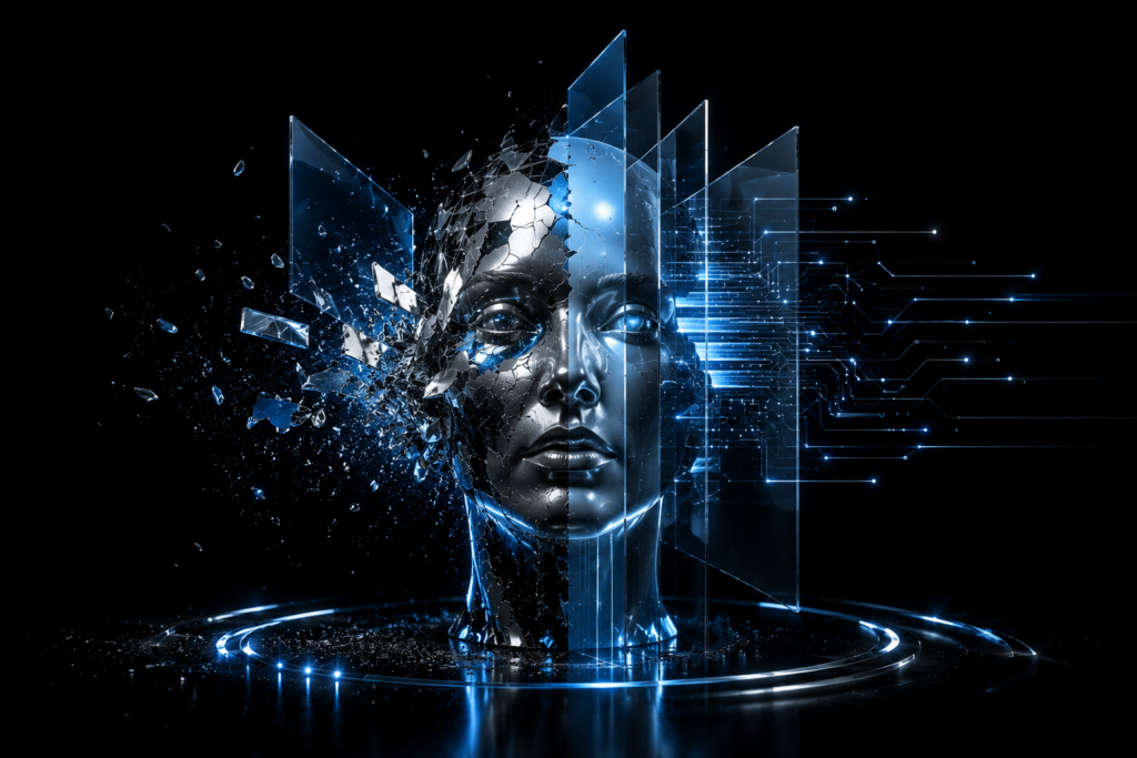 Representación conceptual de una inteligencia artificial fragmentada y reconstruida mediante datos y sistemas digitales, simbolizando la evolución regulatoria del AI Act y los nuevos desafíos de gobernanza de la inteligencia artificial en Europa.