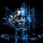 Representación conceptual de una inteligencia artificial fragmentada y reconstruida mediante datos y sistemas digitales, simbolizando la evolución regulatoria del AI Act y los nuevos desafíos de gobernanza de la inteligencia artificial en Europa.