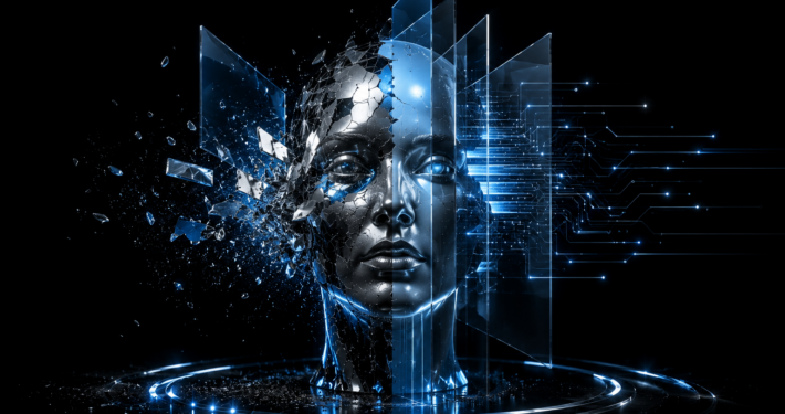 Representación conceptual de una inteligencia artificial fragmentada y reconstruida mediante datos y sistemas digitales, simbolizando la evolución regulatoria del AI Act y los nuevos desafíos de gobernanza de la inteligencia artificial en Europa.