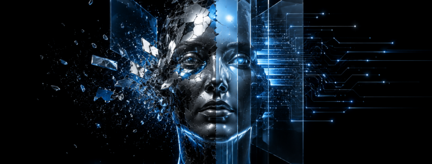 Representación conceptual de una inteligencia artificial fragmentada y reconstruida mediante datos y sistemas digitales, simbolizando la evolución regulatoria del AI Act y los nuevos desafíos de gobernanza de la inteligencia artificial en Europa.