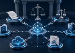 Imagen conceptual sobre responsabilidad civil en cadenas de agentes de IA, con nodos digitales conectados a símbolos jurídicos como contrato, balanza, prueba, ciberseguridad, nube tecnológica y seguro.