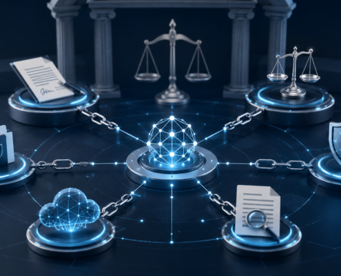 Imagen conceptual sobre responsabilidad civil en cadenas de agentes de IA, con nodos digitales conectados a símbolos jurídicos como contrato, balanza, prueba, ciberseguridad, nube tecnológica y seguro.