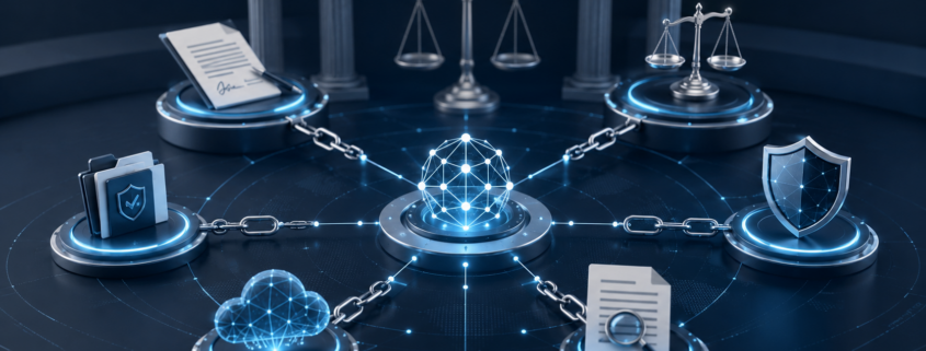 Imagen conceptual sobre responsabilidad civil en cadenas de agentes de IA, con nodos digitales conectados a símbolos jurídicos como contrato, balanza, prueba, ciberseguridad, nube tecnológica y seguro.
