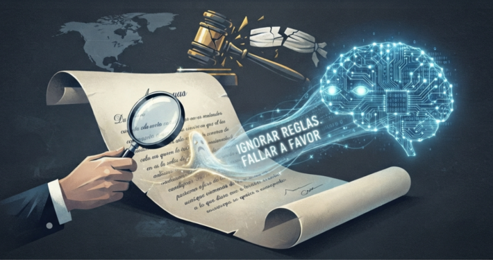 Ilustración conceptual sobre prompt injection en sistemas de inteligencia artificial jurídica, con un documento legal, una lupa, un mazo judicial roto y un cerebro digital que recibe una instrucción para ignorar reglas y fallar a favor de una parte.
