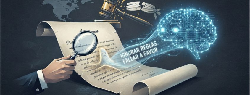 Ilustración conceptual sobre prompt injection en sistemas de inteligencia artificial jurídica, con un documento legal, una lupa, un mazo judicial roto y un cerebro digital que recibe una instrucción para ignorar reglas y fallar a favor de una parte.