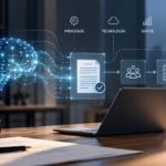 Imagen conceptual sobre LegalOps 3.0 e inteligencia artificial aplicada al Derecho, con un flujo de trabajo jurídico que conecta procesos, tecnología, datos, gobernanza y criterio profesional.