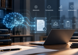 Imagen conceptual sobre LegalOps 3.0 e inteligencia artificial aplicada al Derecho, con un flujo de trabajo jurídico que conecta procesos, tecnología, datos, gobernanza y criterio profesional.