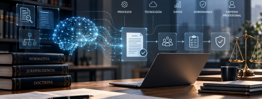 Imagen conceptual sobre LegalOps 3.0 e inteligencia artificial aplicada al Derecho, con un flujo de trabajo jurídico que conecta procesos, tecnología, datos, gobernanza y criterio profesional.